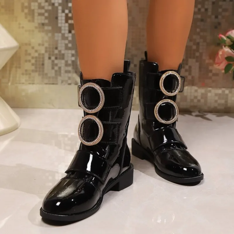 

2026 New Chelsea Ankle Boots High Heeled Botas Round Toe Patent Leather Autumn/Winter Shoes Plus Size 35- 40 41 42 43 Black