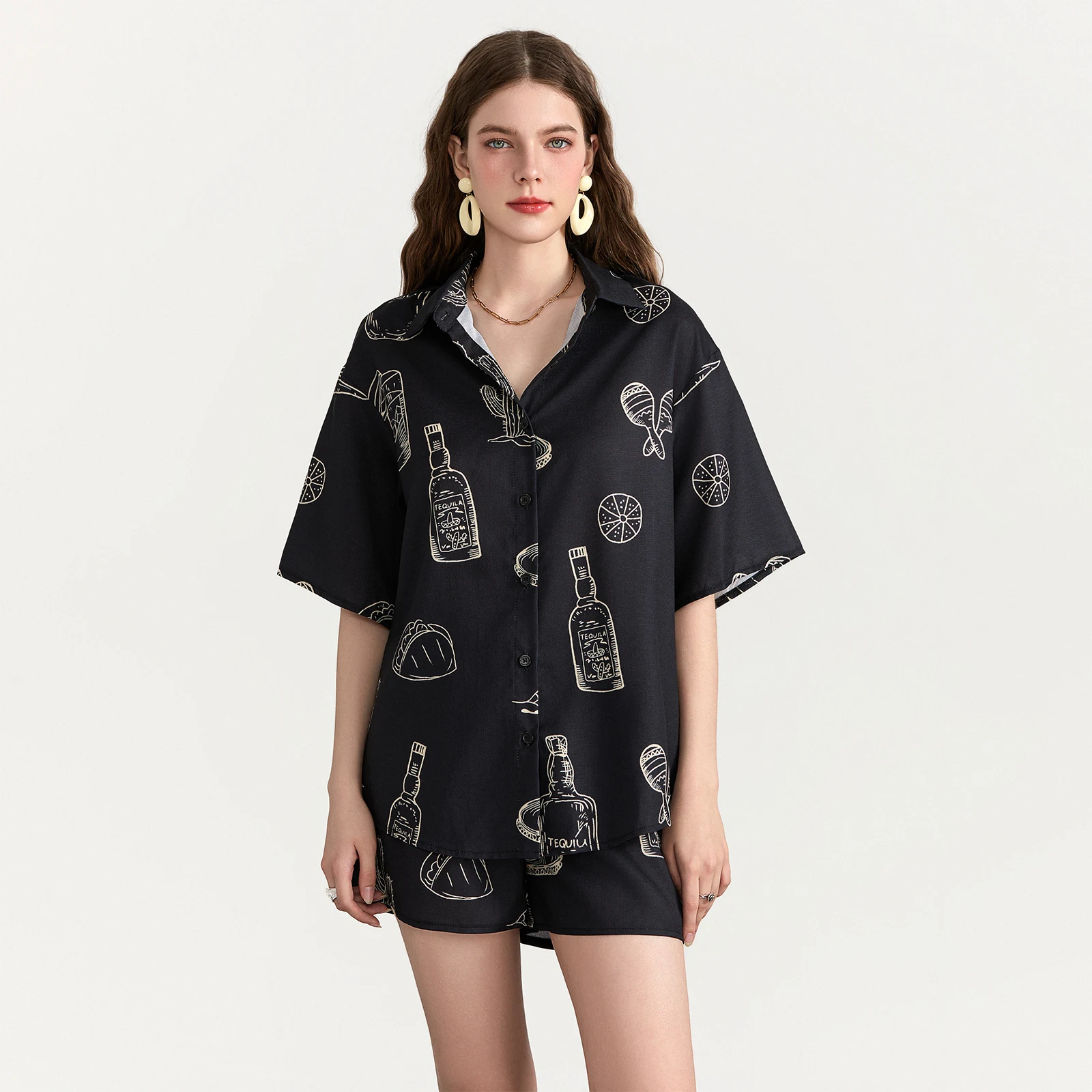 Summer Pajamas Set for Women 2 Pieces Loungewear Suits Tacos Tequila Letter Print Short Sleeve Loose Tops and Shorts Sleepwear