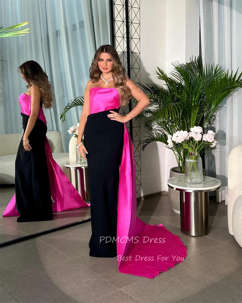 Charming Pink Satin Evening Party Dresses Customized Strapless Floor Length Simple Party Dress Arabic Women Formal Evening Gowns