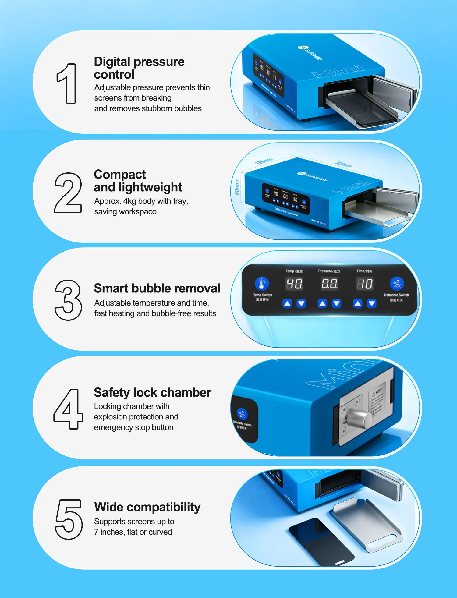 SUNSHINE S-978C Mini V2.0 Entschäumungsmaschine, 7 Zoll Digitaler Druckregler-Entblasenentferner für Flache und Gebogene Handybildschirm-Reparaturwerkzeuge – Detail 7