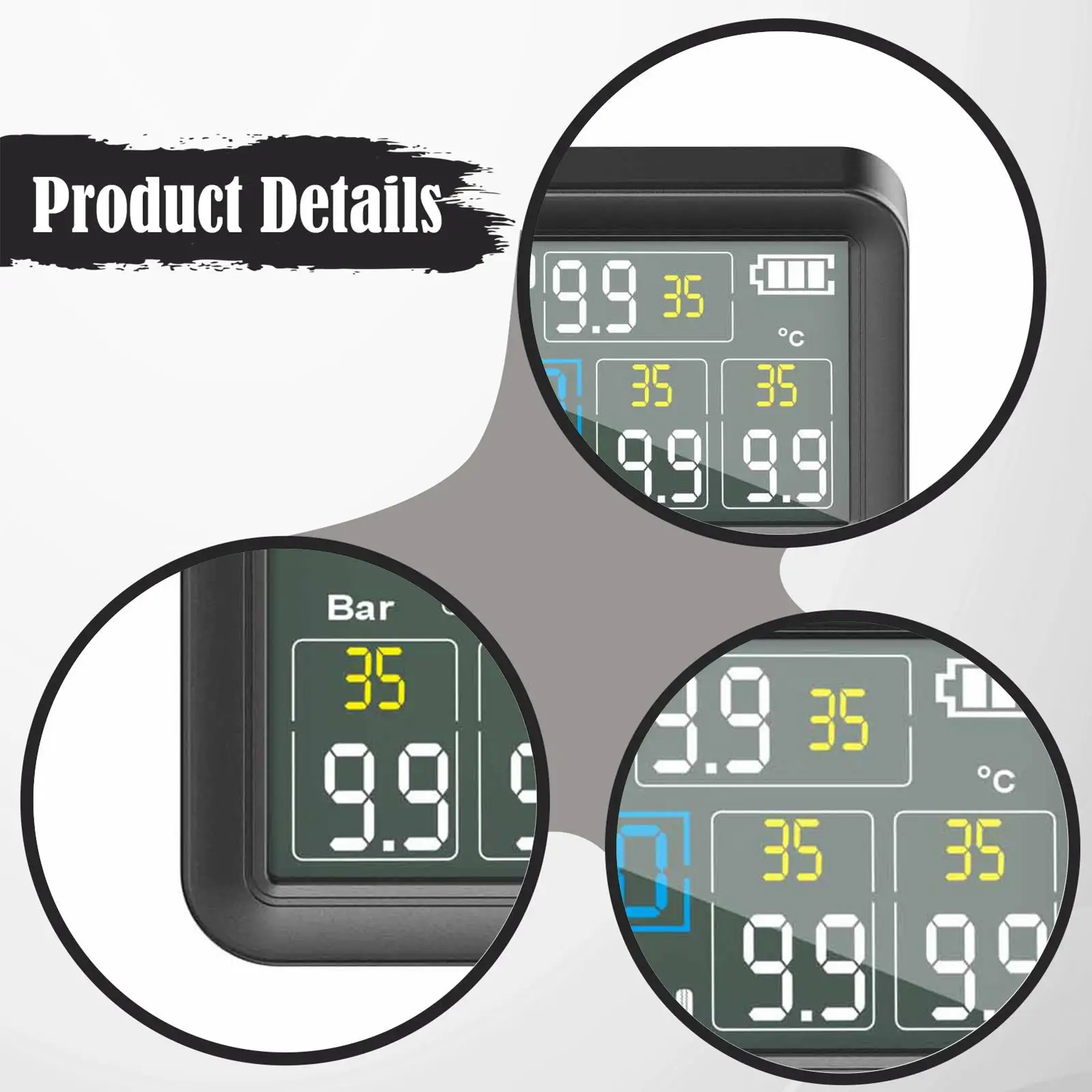 

Solar Powered Car Tire Pressure Sensor System Large LCD Digital Air Pressure Gauge for Vehicle Inspection RV Truck