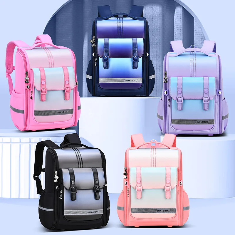 2025 Term Begins Kids Schoolbag Fashion New Gradient Color Waterproof Reflective Backpack Girls Pink Bag Boys 1-6 Grade Bag