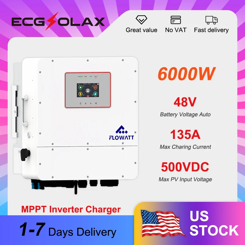 

FLOWATT 6KW 48V Hybrid Solar Inverter 230Vac Off Grid Inverter 135A Solar Hybrid Inverter Built-in WIFI Cold Start Function