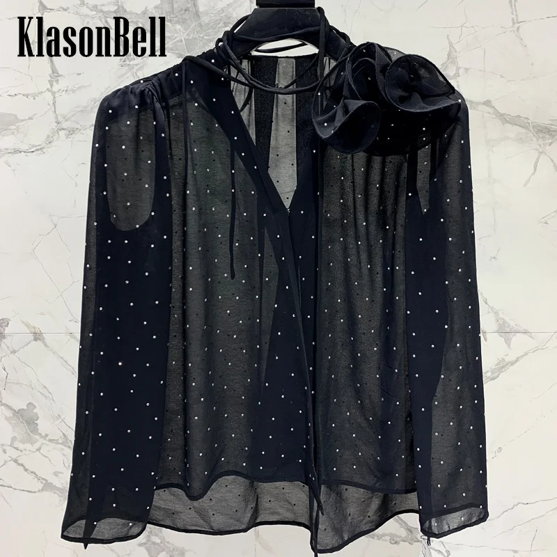 4.10 KlasonBell Women Crystal Diamonds Blouse Sweet Elegant  Flower Detachable V-Neck Black Shirt