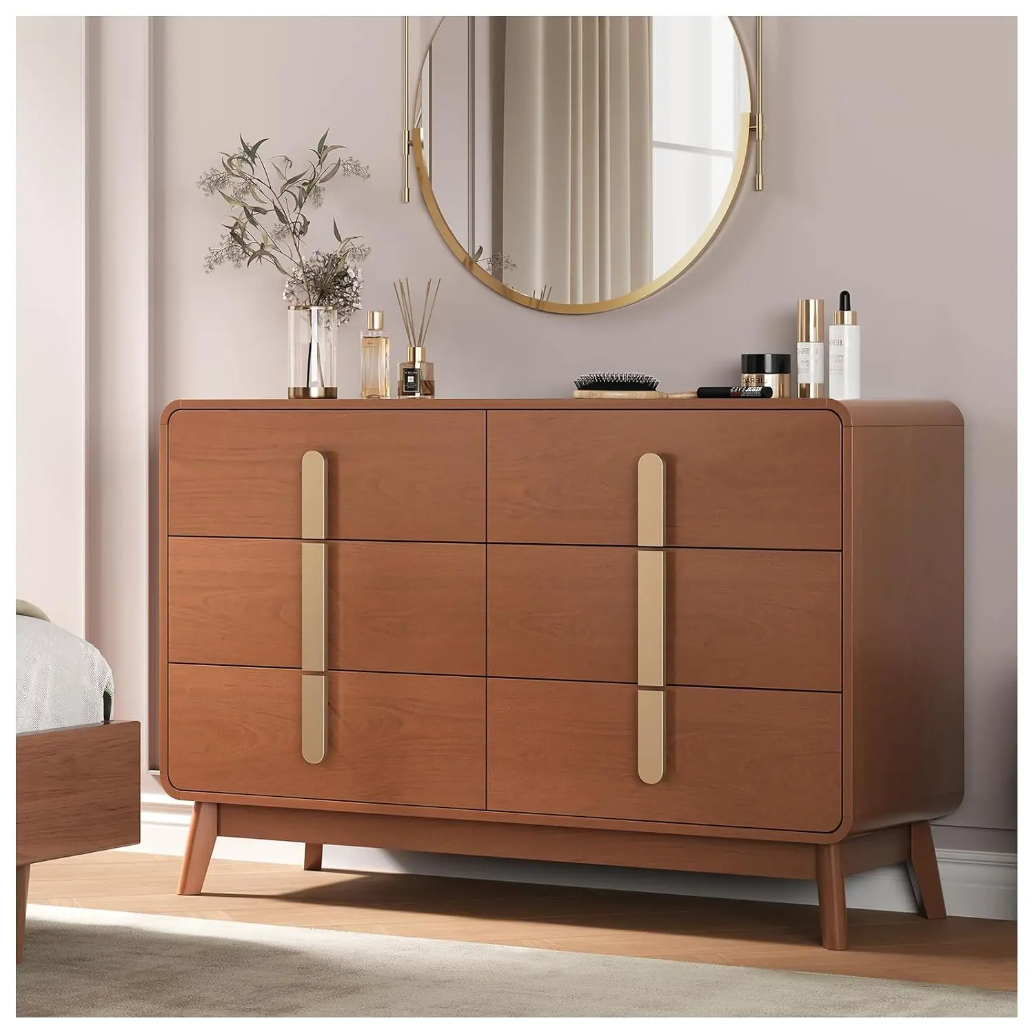 Cómoda de 6 cajones estilo Mid-Century con tiradores metálicos, de madera, para dormitorio, sala de estar o pasillo, 47 pulgadas, color cerezo