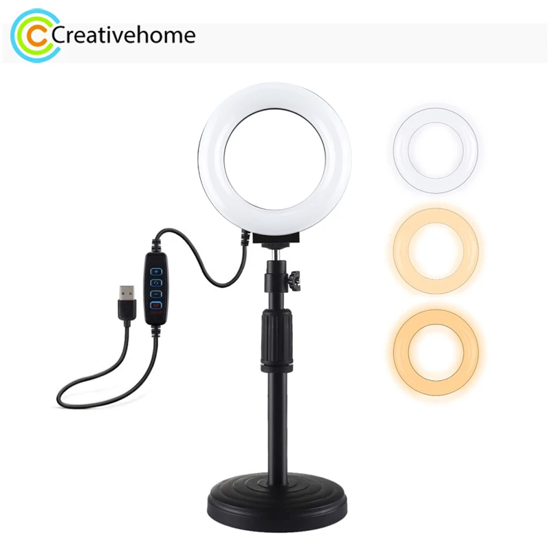 PULUZ 12cm Ring Fill Light + Round Base Desktop Holder Kits, 3 Modes USB LED Ring Vlogging Video Light + Adjustable Mount