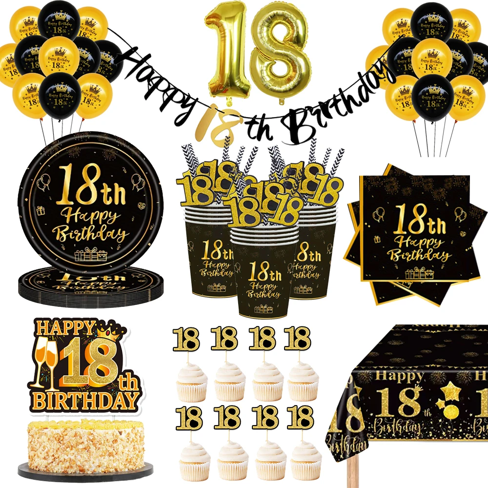 18. Geburtstag Party Schwarz Gold Einweggeschirr Teller Tasse Serviette Stroh Ballon Kuchen Dekor Abschlussfeier Dekor Zubehör