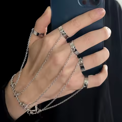 1Pc Ins Style Hiphop Punk Silver Color Ring &amp; Bracelet Combo Five Finger Connected Mitten Rings For Women Daily Wear Or Party