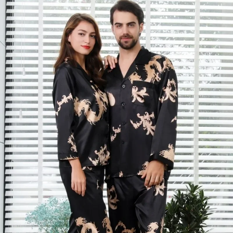 2024 New Couple Pajamas Long Sleeve Sleepwear Set Men's and Women's V-neck Loungewear Silk Printed Loose Thin Homewear