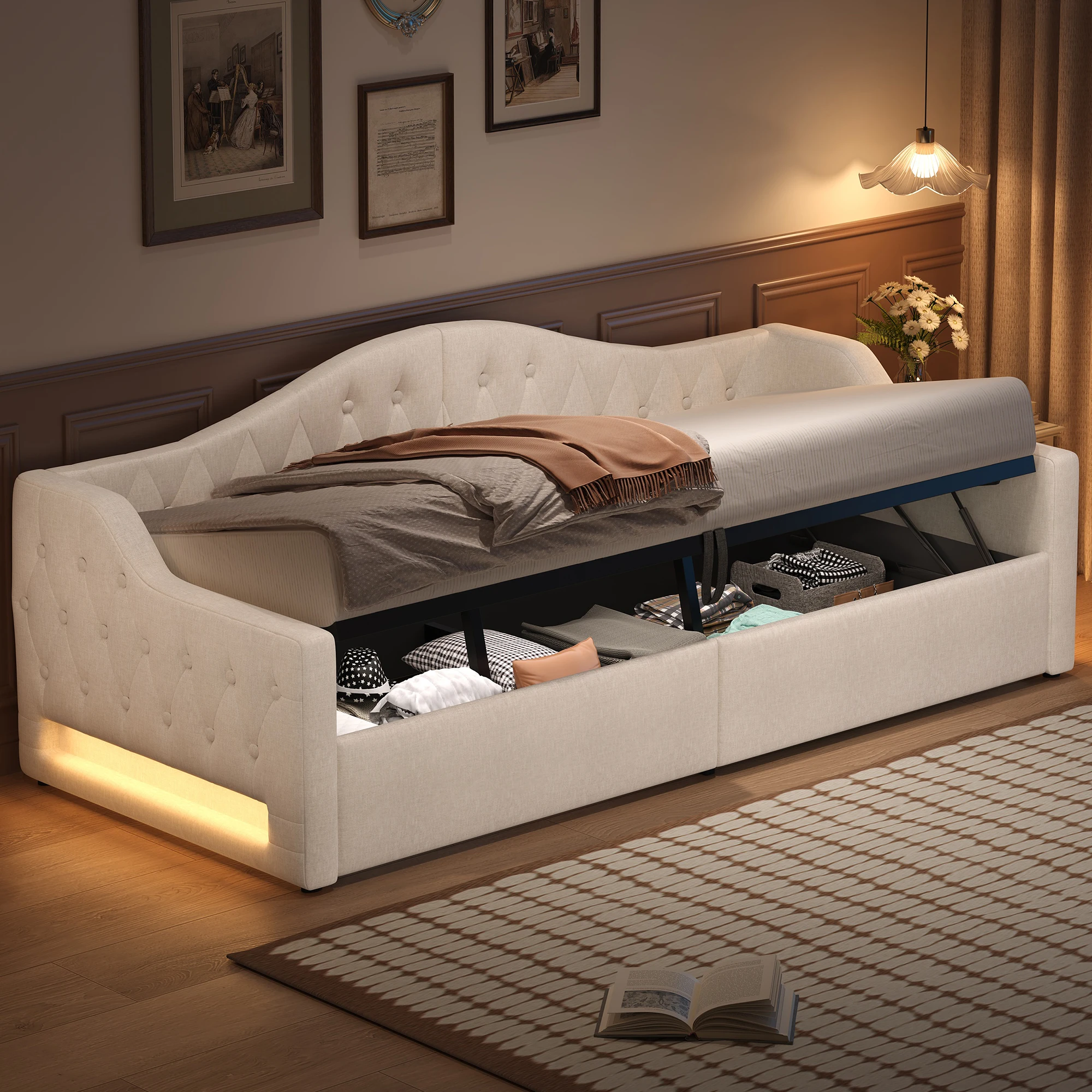 Lit gigogne 90x200 cm - Lit simple avec LED 7 niveaux réglables - MDF et lin - Sans matelas - Beige