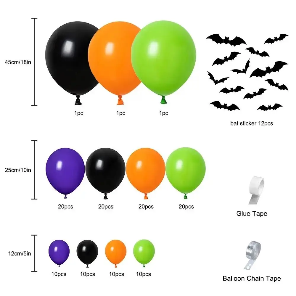 137pcs Halloween Balloon Garland 3D Bat Stickers Black Orange Green Latex Balloons for Halloween Theme Birthday Party Decor