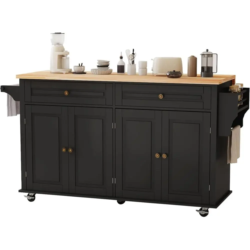 

67 Rolling Kitchen Island with Drop Leaf Breakfast Bar, Storage Cabinet, and Spice Rack in Black