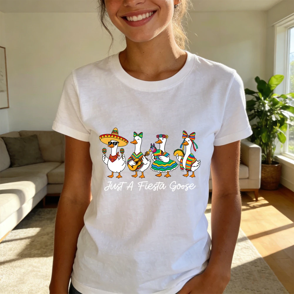Just A Fiesta Goose Cinco De Mayo T-Shirt, Funny Mexican Party Duck Graphic Tee, Casual Cotton Short Sleeve for Men Women
