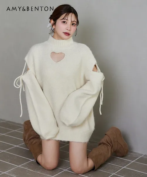 

Japanese Sweet Cute Love Hollow Straps Knitted Long-sleeved Jumper Solid Color Versatile Oversized Sweater Spring Autumn New
