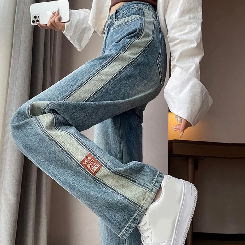 Jean bleu taille haute pour femme, pantalon en denim à jambe large, mode coréenne Y2K, streetwear, épissage, tendance féminine droite, automne