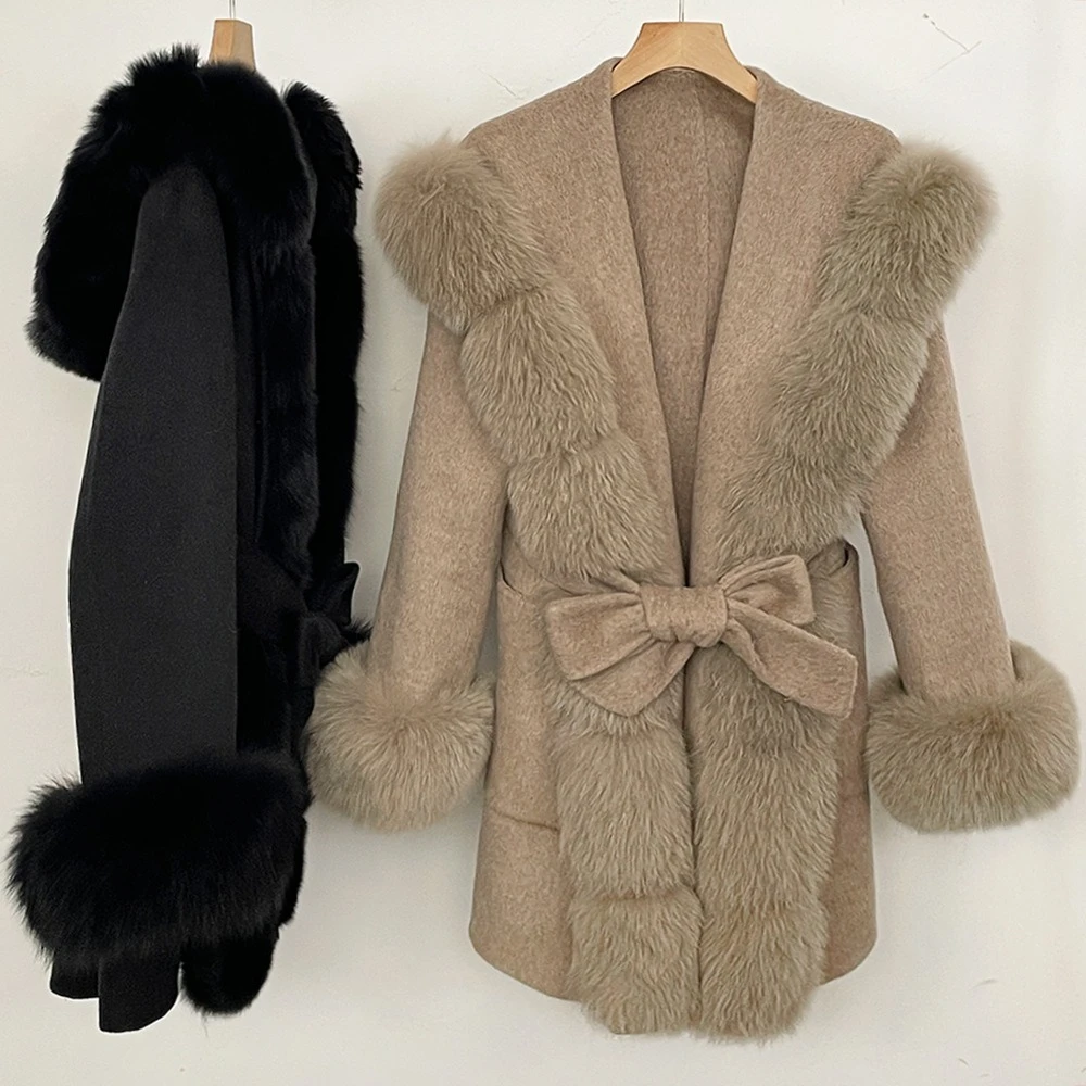 Double face woolen coat new style women's genuine fox fur collar long mid-length hooded elegant belt slimming warm fashion coat