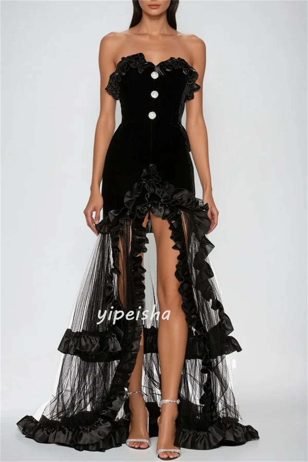 فساتين طويلة مخصصة على الطراز الحديث من القطيفة بحجر الراين مكشكشة على شكل حرف a بدون حمالات فساتين مناسبة مخصصة بجودة عالية #2