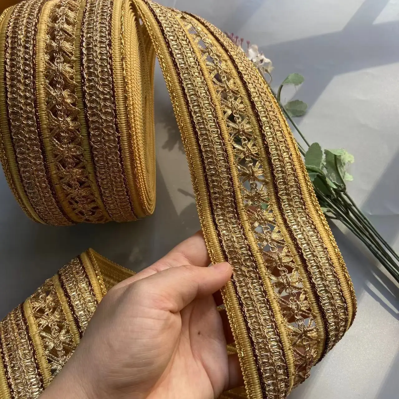 1 Yard Yellow Rice Lace Trim Ribbon Ethnic Clothing Gold Thread Embroidery Sequin Fabric Jacquard Webbing Garment Accessories