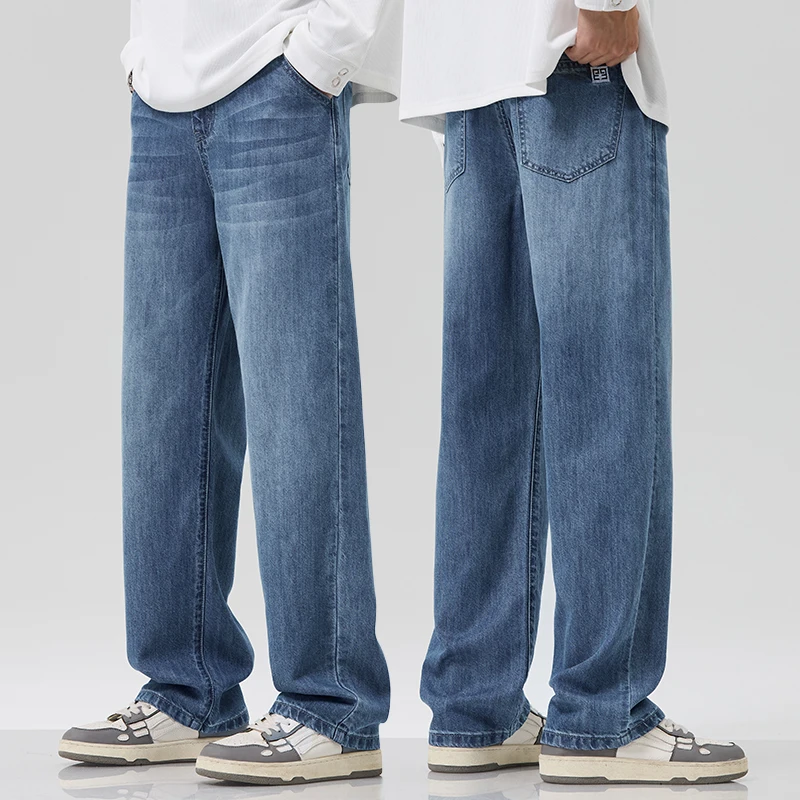 

Брендовые мужские свободные повседневные джинсы в стиле ретро, летние удобные мягкие прямые широкие джинсовые брюки из ледяного шелка, уличные мешковатые брюки