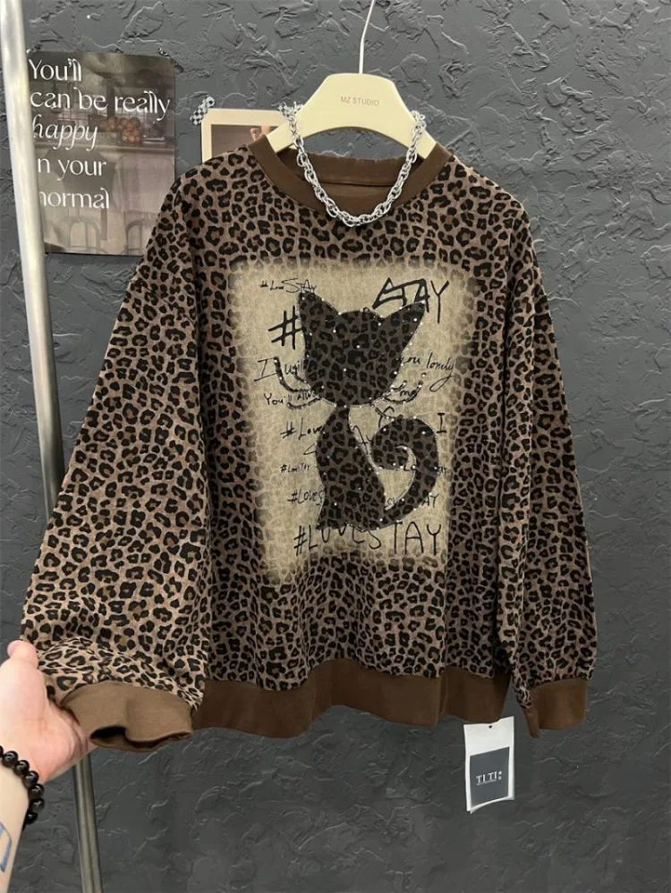 Women Crystal Cute Cat Brown Leopard Print Hoodie High Street Personality Fashion Sweatshirt Loose Baggy Retro American Y2K Tops