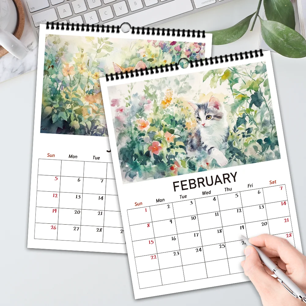 1 unidad, calendario de pared serie gato floral pintado a mano 2026, serie gato, 12 diseños, calendario de pared, cumpleaños, Navidad, regalo de Año Nuevo