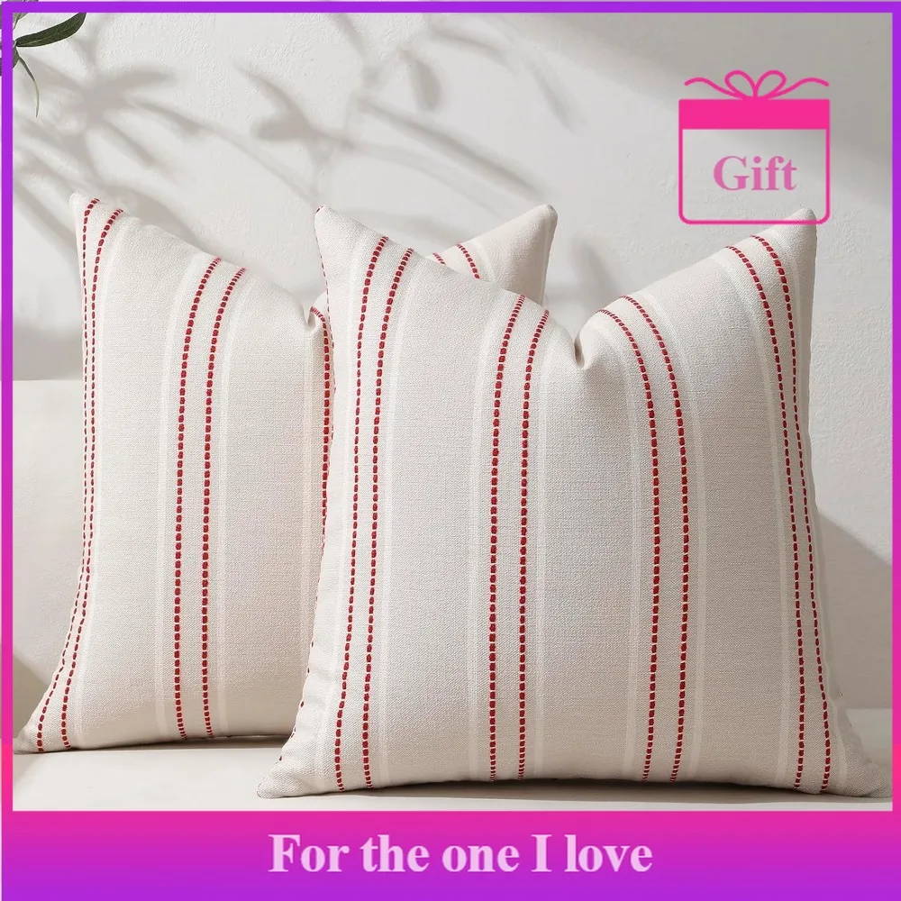 

Christmas Pillow Covers 18x18 Set of 2 Red Striped Throw Pillow Covers Linen Decorative Pillows Square Cushion Covers
