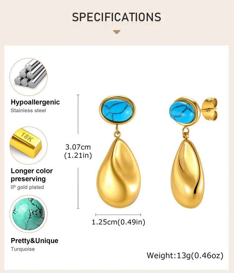 Skulpturale Tropfen-Ohrringe, 18K vergoldeter Edelstahl, mit Türkis-Akzenten im Boutique-Stil für die Wiederauffüllung – Detail 3