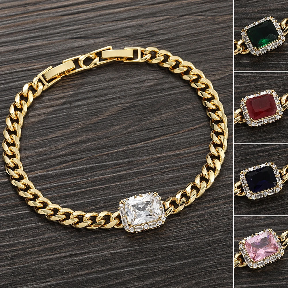 New Cuban Chain Bracele With Square Stone Hip Hop Punk Style Bangle Shiny Zircon Hand Jewelry For Women Men Gifts Wholesale