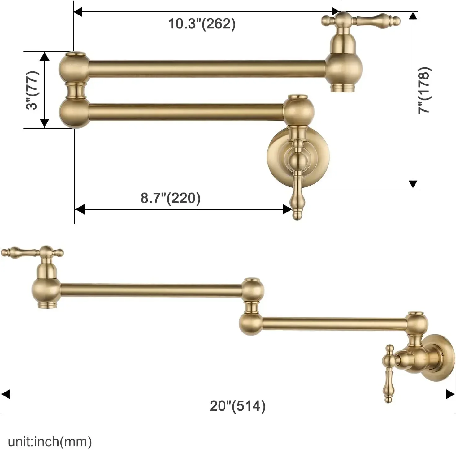 Wall Mount Brushed Gold Pot Filler Faucet Double Joint Swing Kitchen Folding Faucet