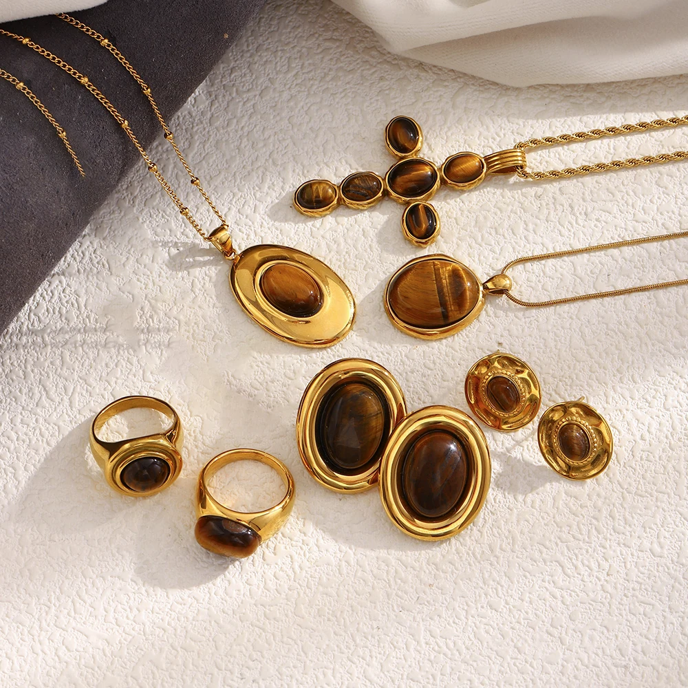 E.B.belle Stainless Steel Vintage Tiger Eye Series Jewelry Set Ring 18K Golded Plated Necklace Earring Women's Gift view 2