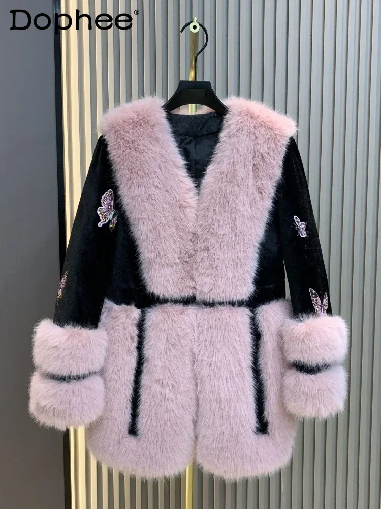 

Vintage V Neck Faux Fur Coat Women's Winter New Imitation Fox Hair Belt Heavy Industry Sequined Butterfly Thickened Warm Coat