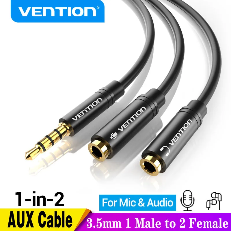 Vention 3.5mm Audio przedłużacz splittera Jack 3.5mm 1 męski na 2 żeńskie Mic Y Splitter do laptopa słuchawki przewód Aux Adapter