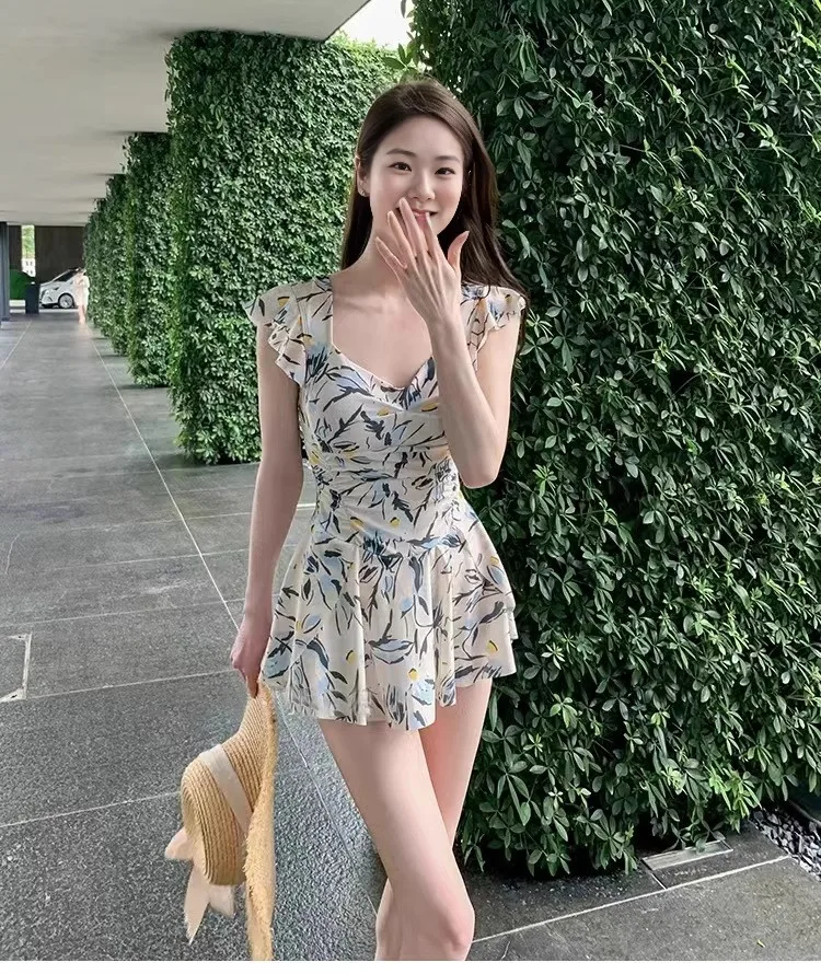 2025 Summer Women Vintage One Piece Swimsuit Dress Sexy Skinny Wrinkle Design Floral Mini Skirt Swimwear Womens Clothes Hot Sale