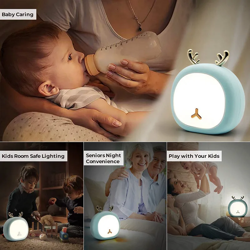 Luz nocturna de conejito de ciervo para niños, lámpara de mesita de noche, Control táctil recargable, 3 brillos, ajustable