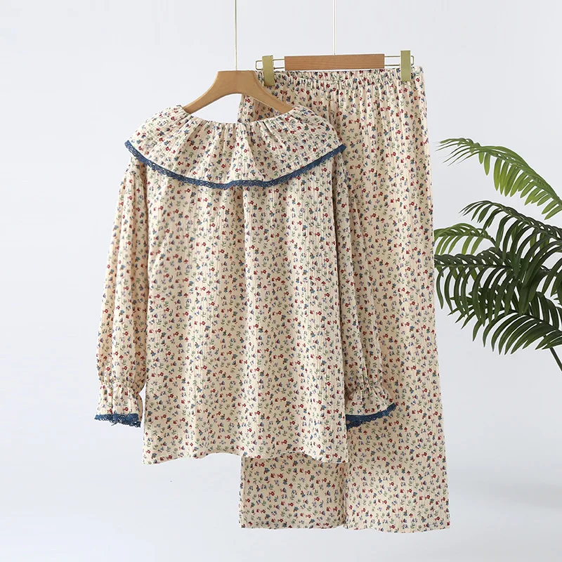 Conjuntos de pijama feminino com 2 peças, lapela de lótus, manga comprida, calça respirável, roupa de dormir confortável, roupas de casa, primavera, 2022