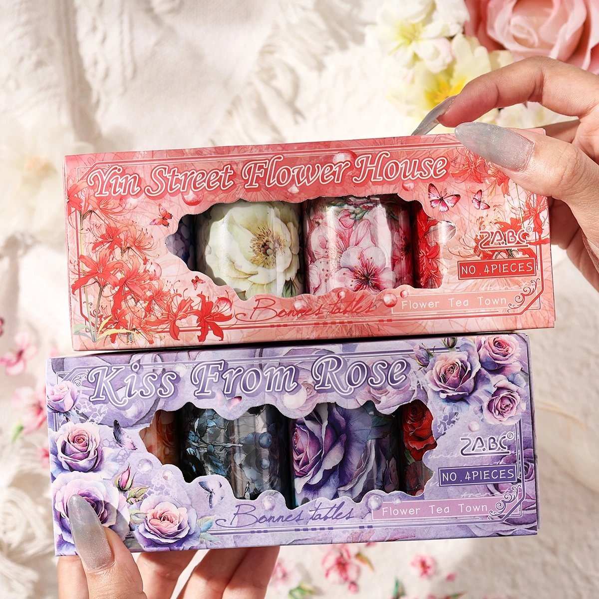 

4 rolls/boxes vintage floral pattern stickers, DIY scrapbook, greeting cards, gift decoration, waterproof PET material