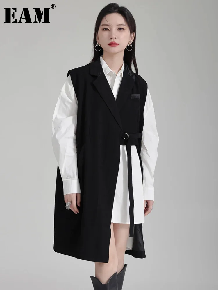 [EAM] Women Black Irregular Ribbons Big Size Long Elegant Vest New Lapel Sleeveless Fashion Tide Spring Autumn 2024 1DH6753