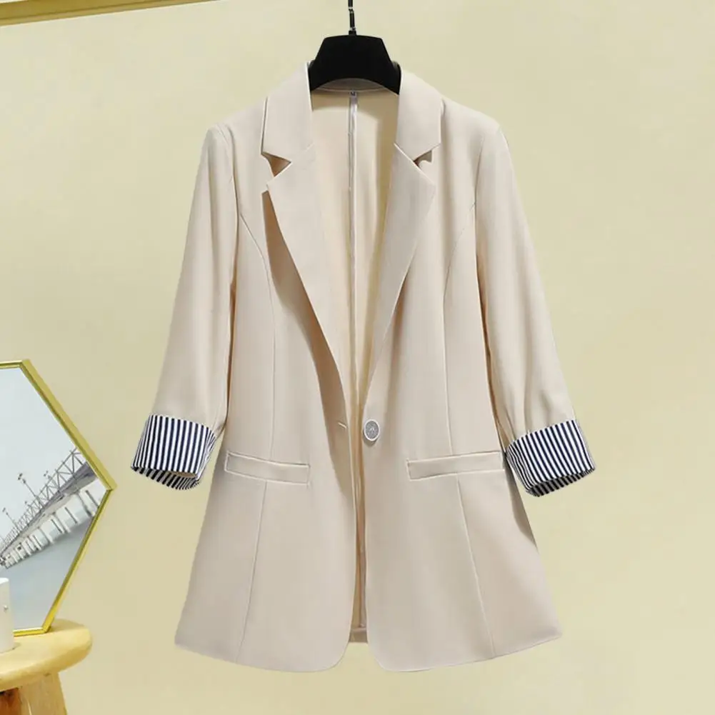 

Casual Women Suit Coat Elegant Women's Mid-length Suit Coat with Three-quarter Sleeves Single Button Closure Pockets for Formal