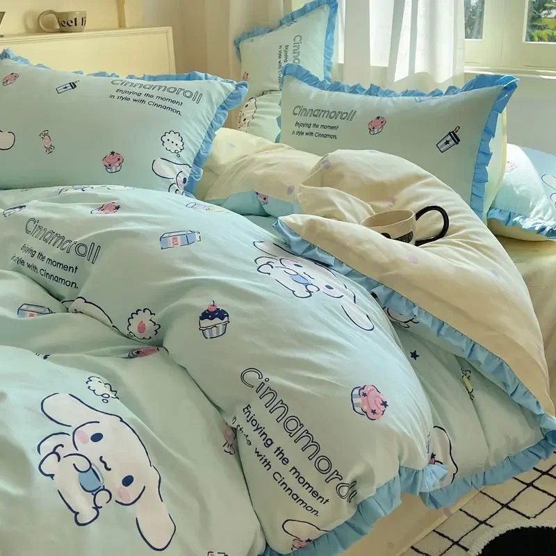 My Melody Anime Kawaii Sanrio Princess Bed 3 4-piece Set lucu Kuromi Cinnamoroll Ins Quilt penutup bantal dekorasi hadiah mainan