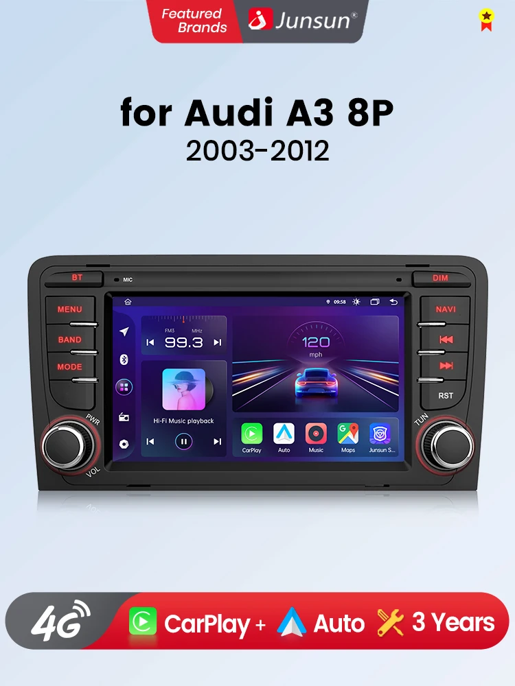 Junsun 7" Kabelloses CarPlay für Apple Android Auto Autoradio für Audi A3 8P S3 RS3 2003-2012 GPS-Navigation SWC Bluetooth FM RDS DSP IPS Touchscreen Intelligente Fahrzeugsysteme KI-Sprachsteuerung 4G