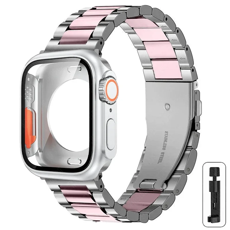 Armband + Gehäuse für Apple Watch Band 46 mm 42 mm 44 mm 45 mm 41 mm Vollständige Abdeckung Metall-Edelstahlband Iwatch Serie 11 10 9 8 7 6 SE 5