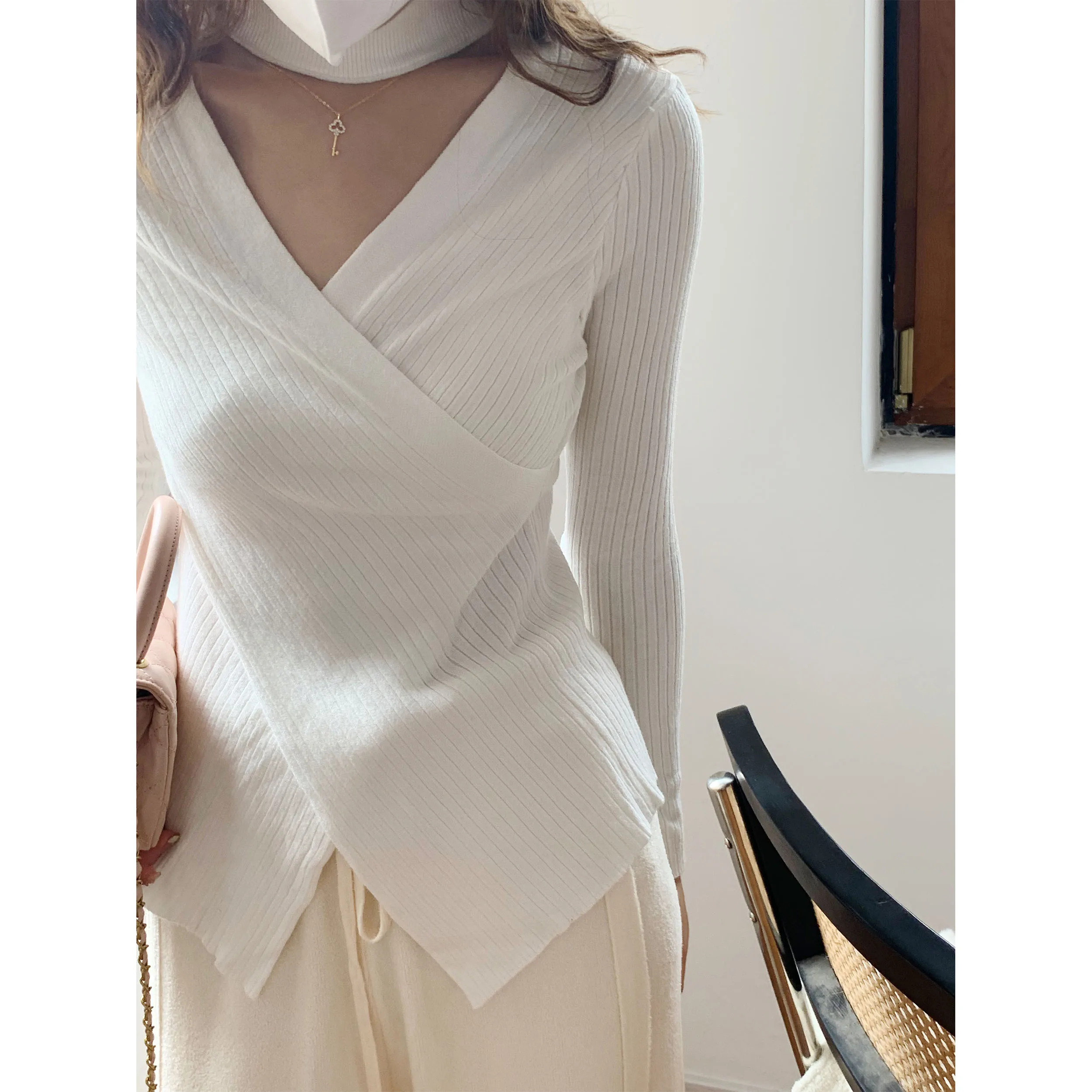 

White UVPU Knitted Neline Base Layer Top Women's Faion Slim Fit Color Versatile Winter Commute Sle Long S...