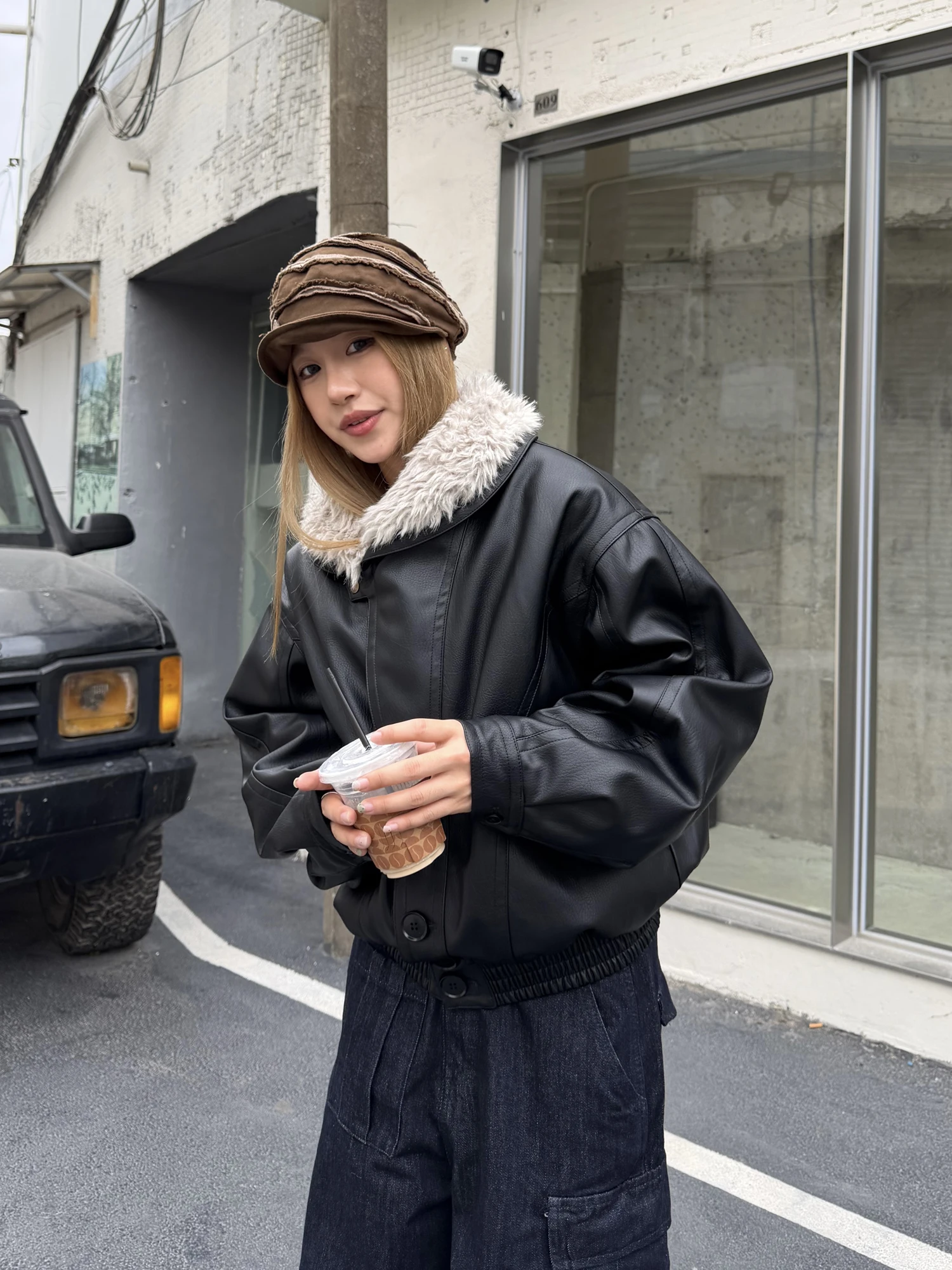 

Loose ort Cotton Jaet Coat for Men with Fur Collar Turn-down Collar American Sle Winter New Sle Street Sle PU Leather