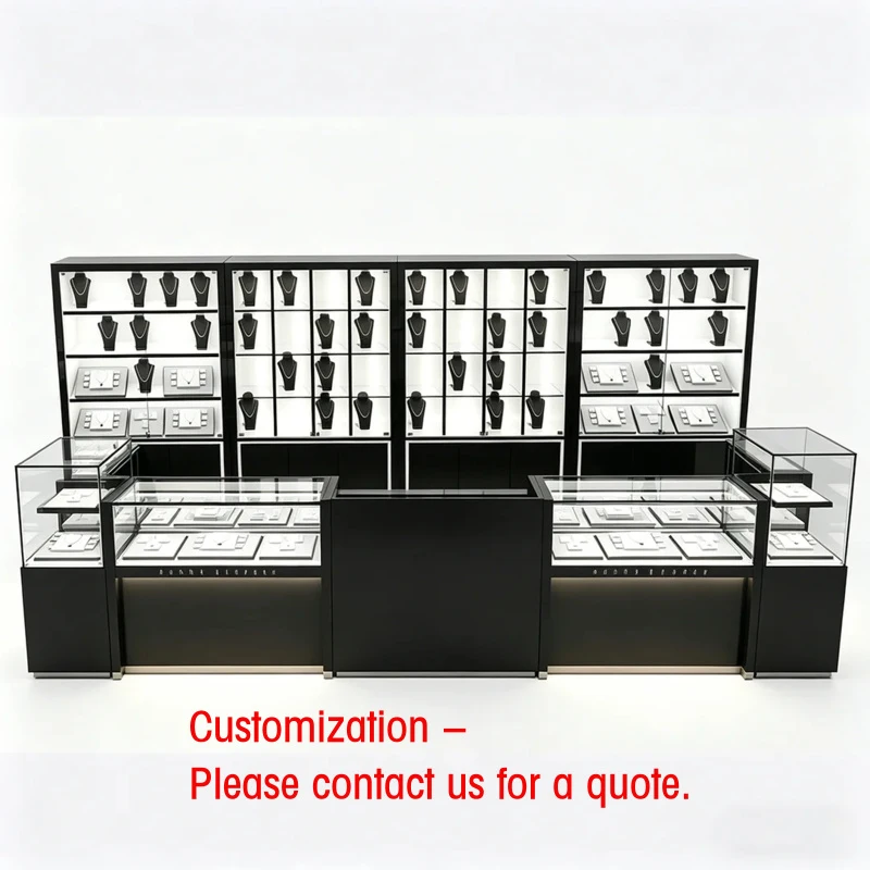 custom.All-in-One Black Jewelry Shop Display Package, Wall Cabinets and Glass Counter Showcase