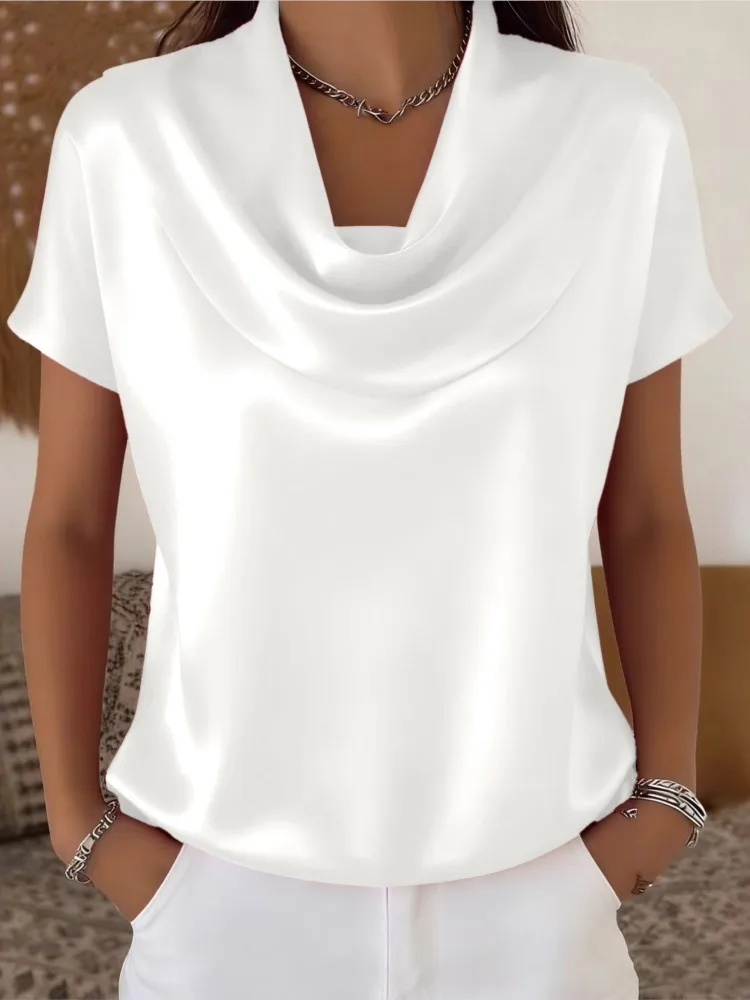 

Women's Satin Cowl Neck Short Sleeve Blouse - Smooth Silk-Like Fabric Elegant Draped Neckline Top for Office&Evening Wear Shirt