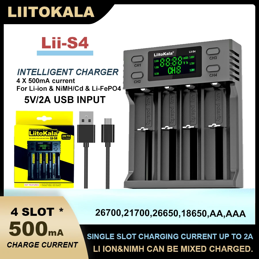 1-5PCS Liitokala Lii-S4 4-slot 18650 Lithium Battery Charger 3.7V 21700 26650 25500 20700 14500 16340 1.2V AA AAA