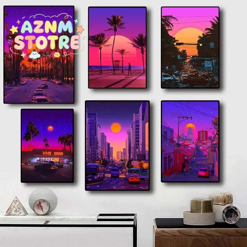 Synthwave Miami Ocaso Beach City Street Tours Canvas Painting Posters and Prints Wall Art Pictures for Living Room Decoration