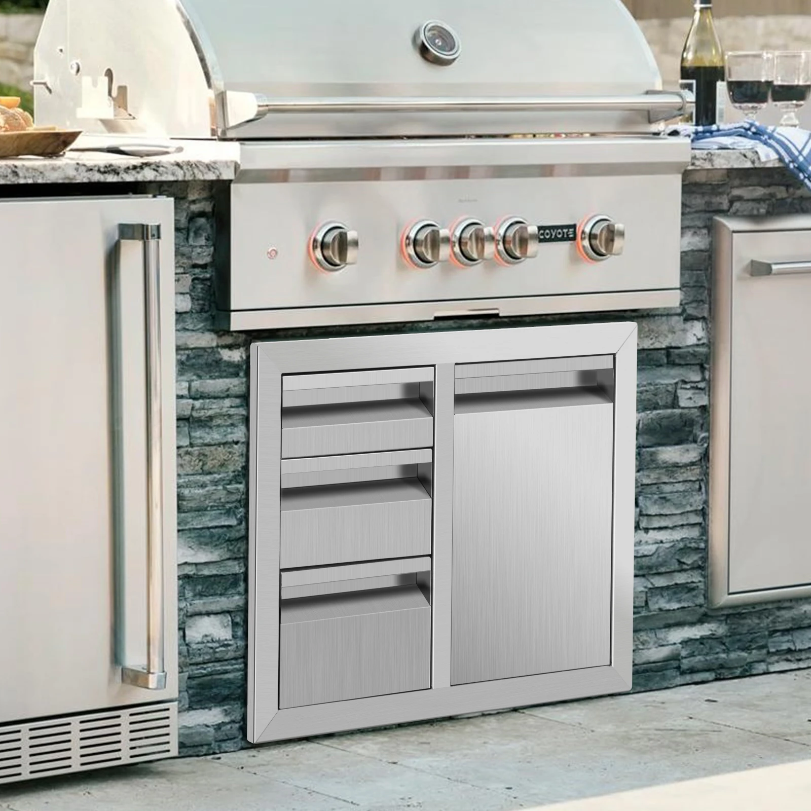 Outdoor Kitchen Drawer Combo BBQ Access Triple Propane Drawers Combo with Fixed Trash Ring for BBQ Island Grill Station