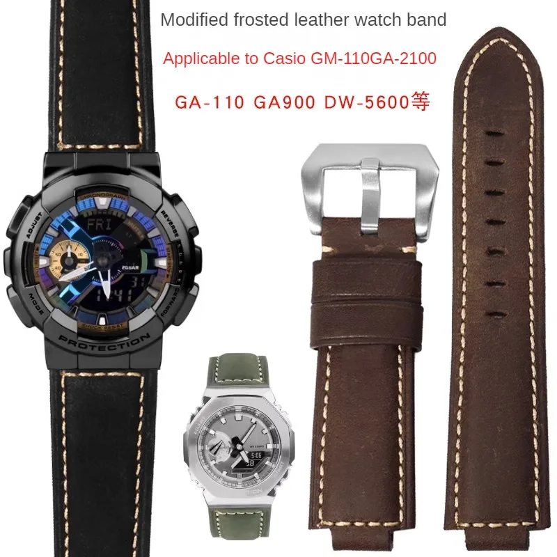 Cowhide Watch Strap With Substitute GM/GA 110 2100 DW-5600 GA900 Series Convex Interface Farm Oak Leather Watchband  24-16mm.