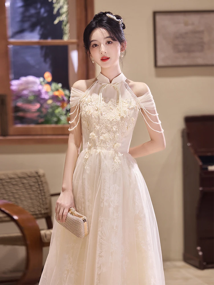 

Champagne Off Shoulder Bridesmaid Dress French Halter Quinceanera Party Gown Beading Appliques Sister Group Prom Dress